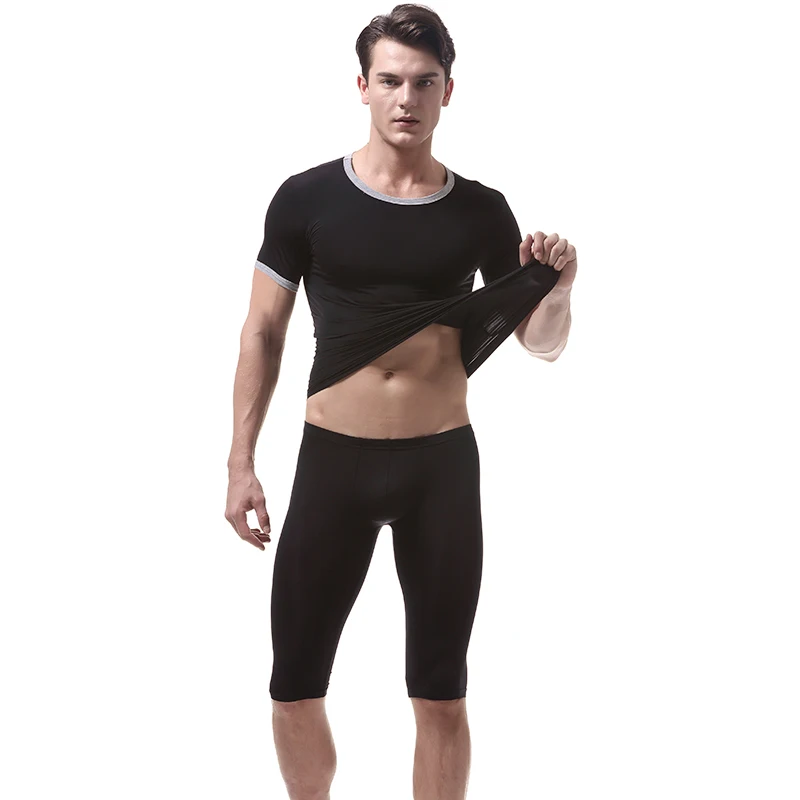 

Sexy Men Ultra Thin Underwear Set Ice Silk Short Sleeve T-shirt + Middle Shorts Pants Sleepwear Nightwear Tops Pants Sets M-XXL