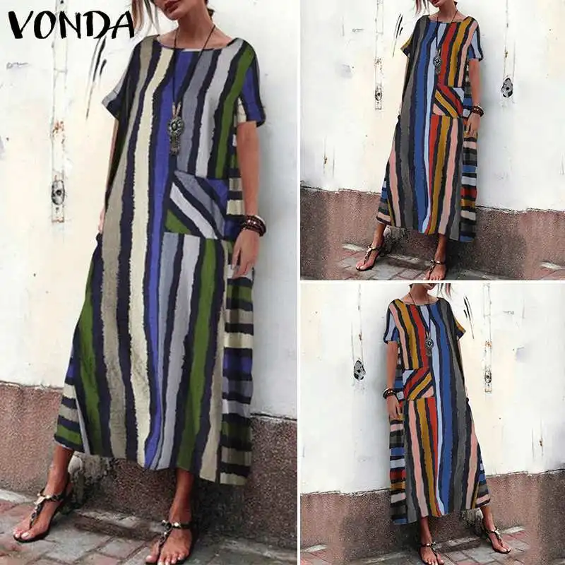 

VONDA 2019 Summer Bohemian Dress Women Multi Color Striped Print Maxi Dress Sexy Plus Size Vestido Vintage Casual Loose Sundress