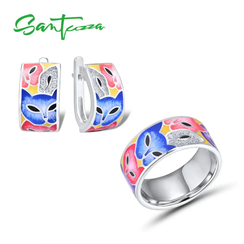 

SANTUZZA Jewelry Set For Woman 925 Sterling Silver HANDMADE Colorful Enamel Cute Fox White CZ Ring Earrings Set Fashion Jewelry