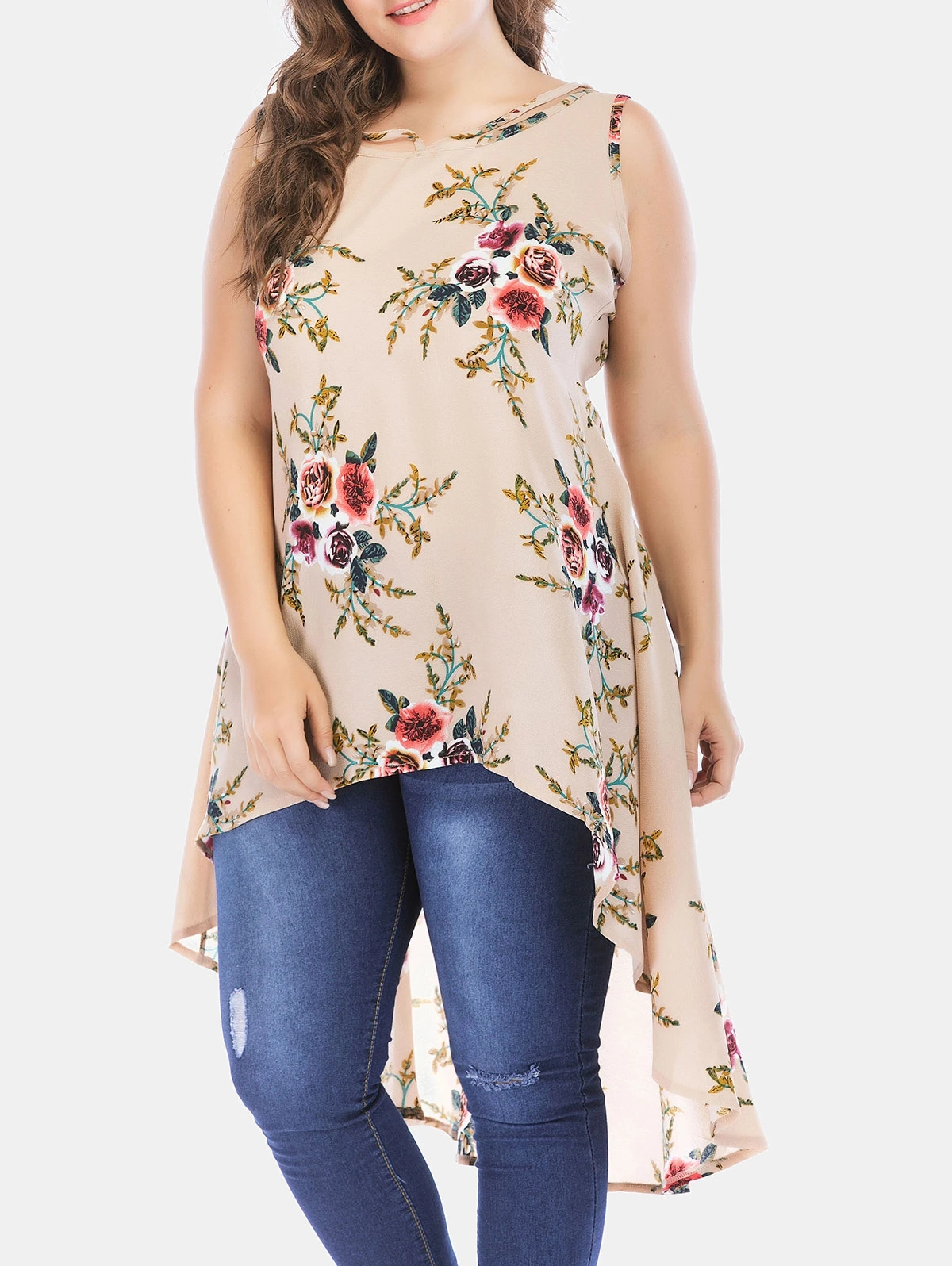 2019 летняя с цветочным принтом круглым вырезом высоким низким подолом рубашки