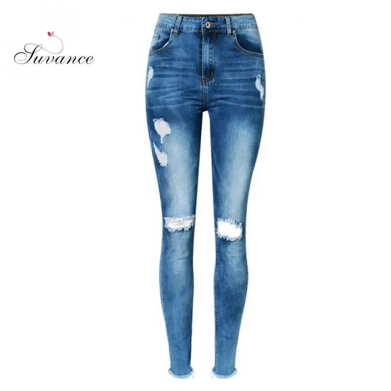 Suvance High Waist Stretchable Cotton Washed Holes Spring Fashion Pencil Jeans Quality Material Trousers|pencil jeans|high waistjeans trousers |
