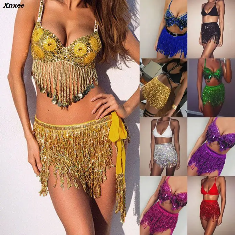Sequin Belly Dance Costumes Skirt Women Coins Velvet Hip Hula Scarf Wasit Belt Dancewear Tribe Style Ladies Tassel Boho Skirts | Женская