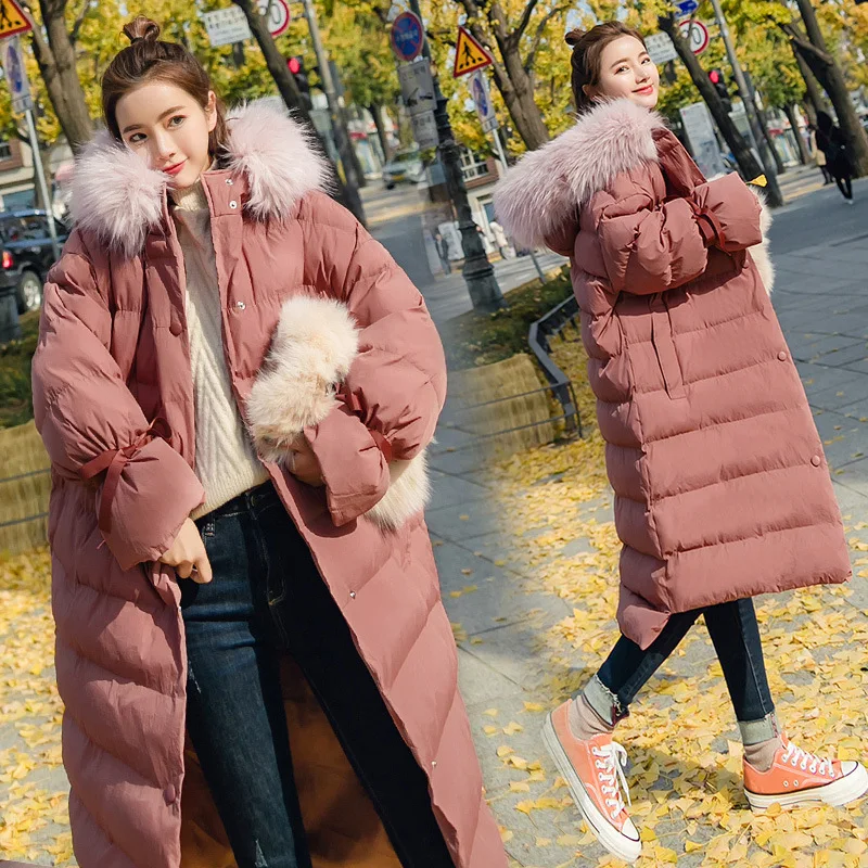 Fashion Bow Warm Down Cotton Jacket 2019 New Women Winter Solid Color Coat Temperament Thicken Big Fur Collar Hooded Outerwear | Женская