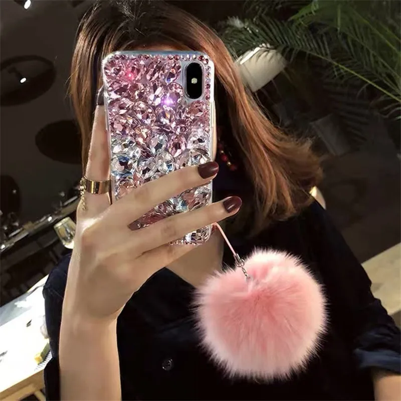Lovebay Luxury Woman Shiny Case With Shell Hair Ball For iPhone X 8 7 6 6S Plus XR XS MAX Mobile Phone Holder Diamond Stone Capa |