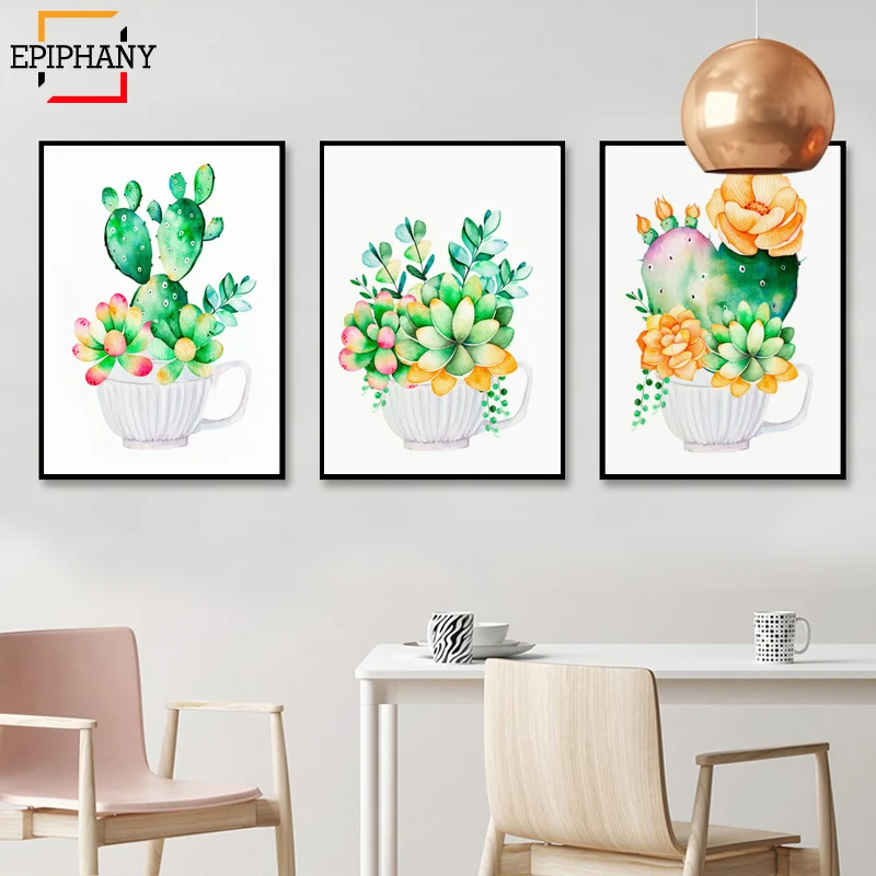 

Nursery Wall Art Cactus Print Watercolor Succulent Flowers Painting Picture Nordic Home Decor Botanical Print for Living Room