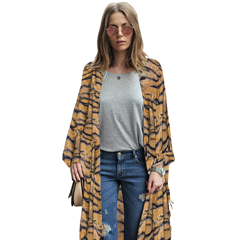 

2019 Fashion Women Plus Size Chiffon Kimono Vintage Tiger Striped Print Irregular Hem Casual Loose Coat Cardigan Streetwear New