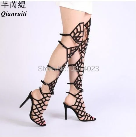 

Qianruiti Women Gladiator Long Boots Cut Outs High Heels Over knee High Sandals Hollow Out Shoes Summer Sexy Boots Sandals
