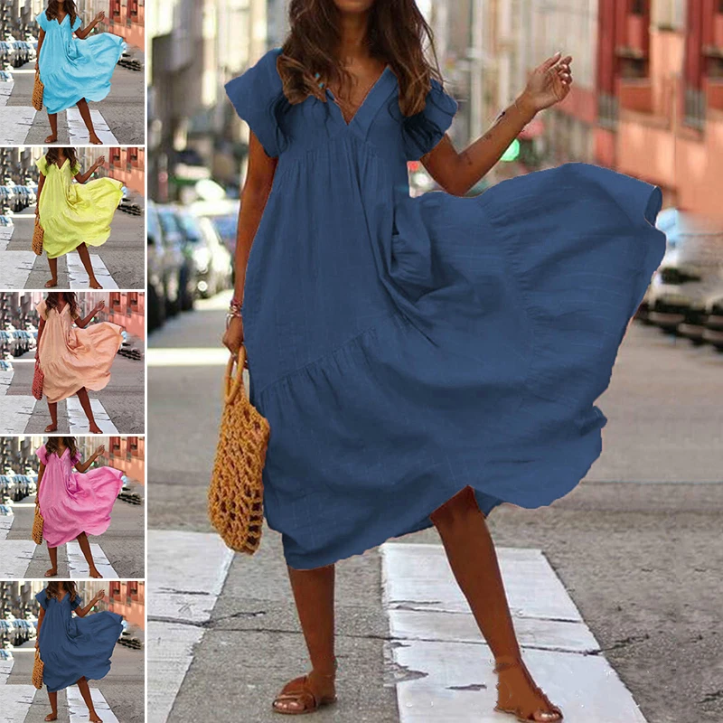Летние платья для женщин женские свободные повседневные с v образным вырезом и