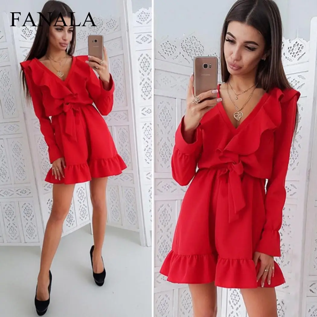 Женское платье милое модное весенне осеннее с длинным рукавом v образным вырезом