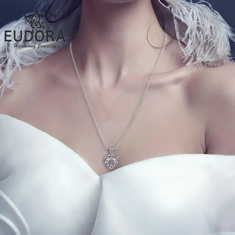 

EUDORA Crystal Ball Heart Pendant Necklace Fashion CZ David Star Hollow Design Cage Pendant Chain Women Fine Jewelry girl Gifts