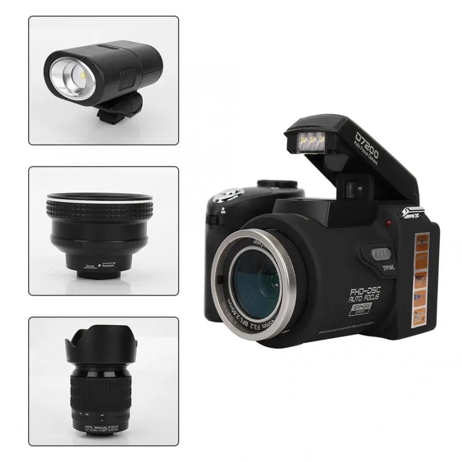 D7200 33MP Цифровая камера DSLR 0.5X широкоугольный объектив+ 24X телеобъектив+ светодиодный светильник 3," TFT lcd дисплей Full HD камера