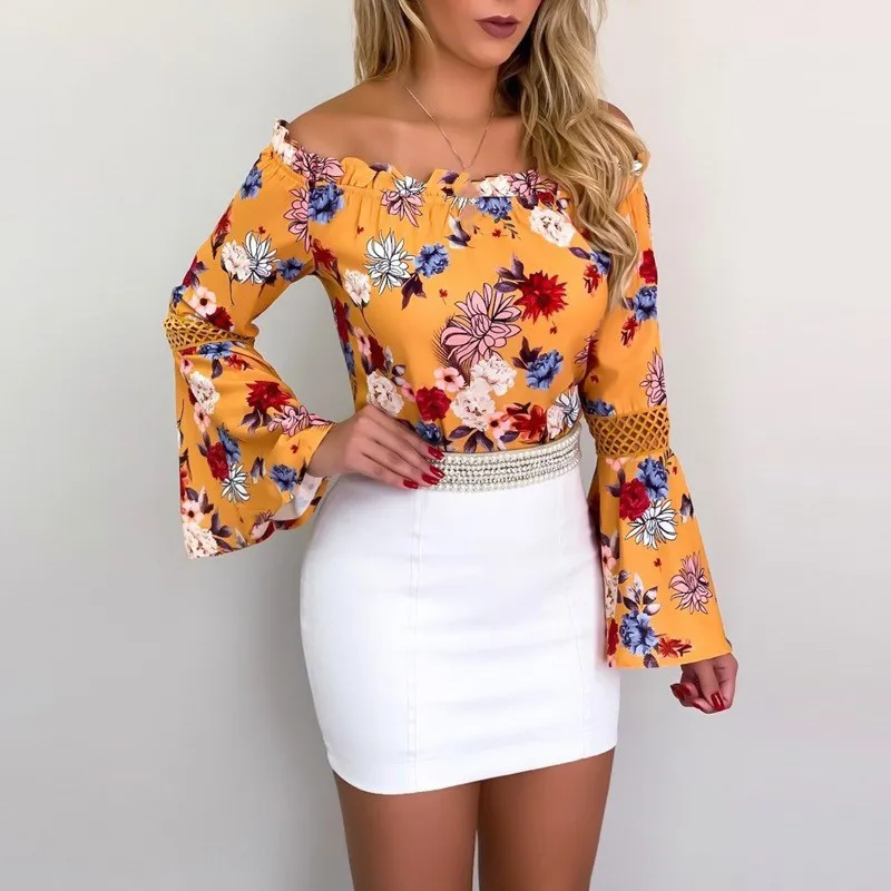 Сексуальная Блузка с открытыми плечами и цветочным принтом женская рубашка