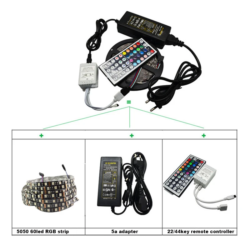 Набор светодиодных лент RGB 5 метров DC12V IP20/IP65 водонепроницаемый SMD5050 60 LED/M 24/44key ИК