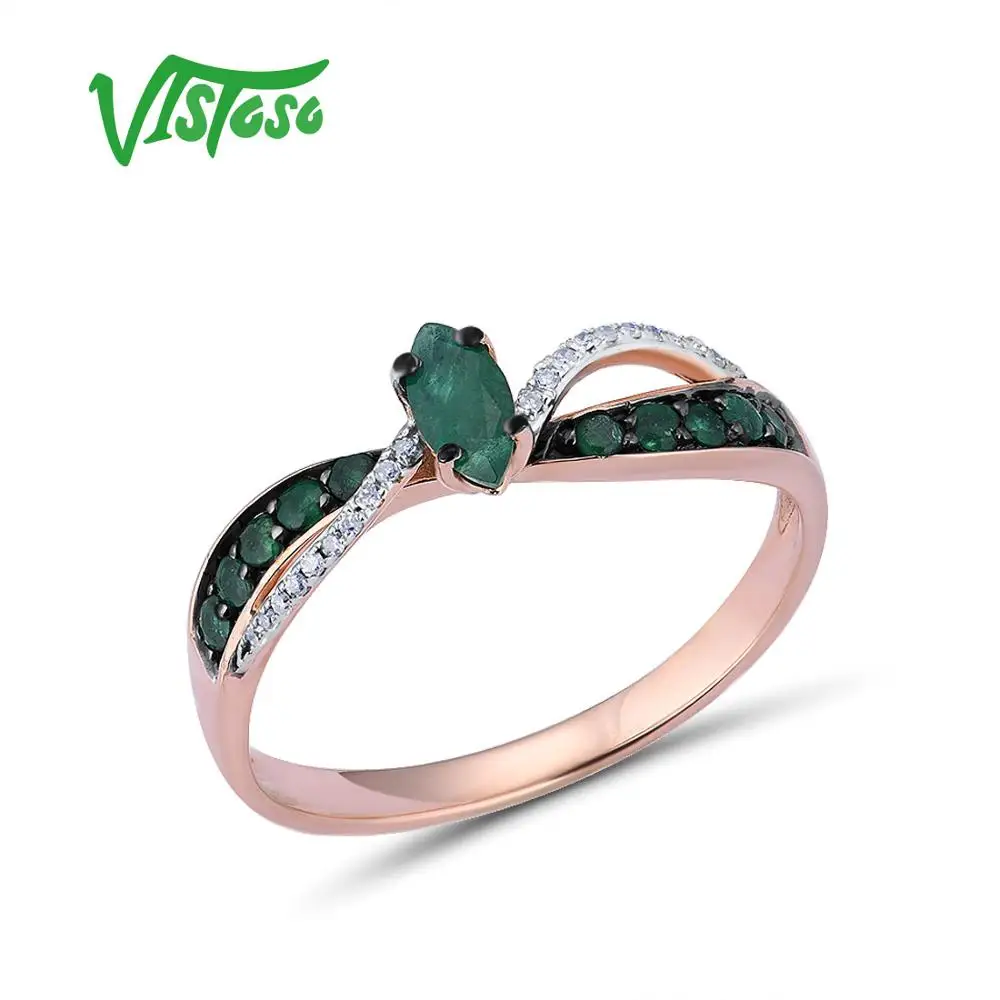 

VISTOSO 14K 585 Rose Gold Rings For Women Genuine Ring Magic Emerald Classic Diamond Engagement Anniversary Elegant Fine Jewelry
