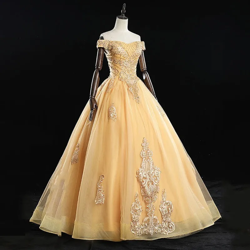 Роскошное Золотое бальное платье принцессы Quinceanera милые платья с открытыми