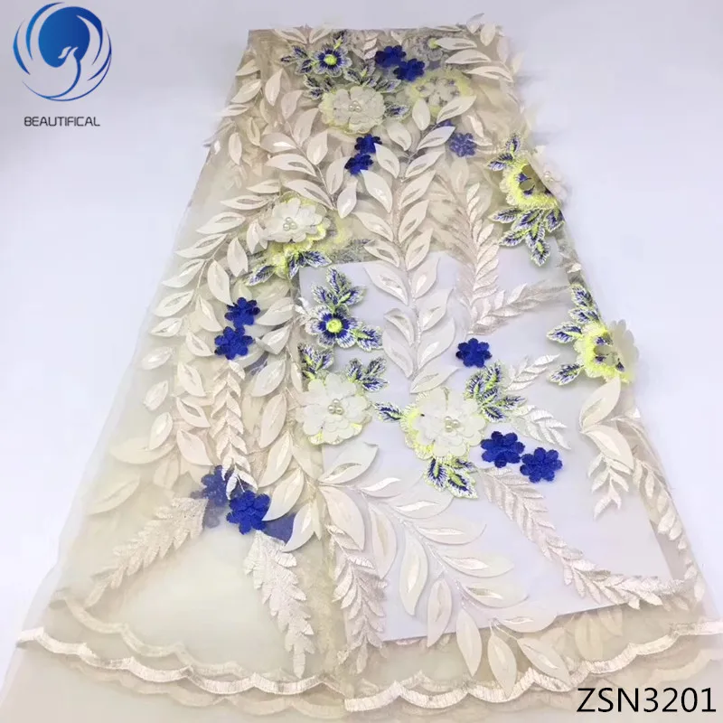 

BEAUTIFICAL 3D flower lace fabrics french tulle lace fabric with beads high quality african fabric lace dress 5yards/lot ZSN32