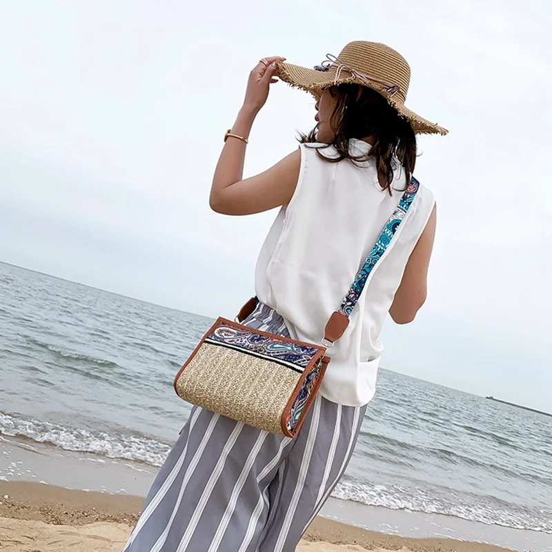 Boho ротанговая сумка Соломенная пляжная Женская этническая через плечо с цветным