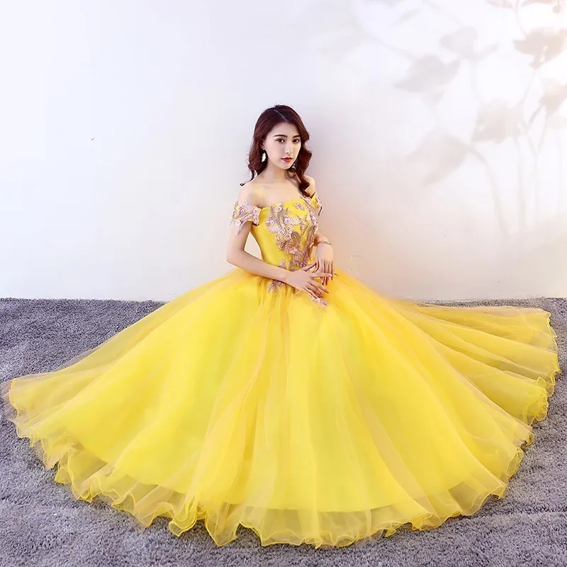 Vestidos De 15 Anos 2019 Дешевое бальное платье с открытыми плечами кружевное желтое