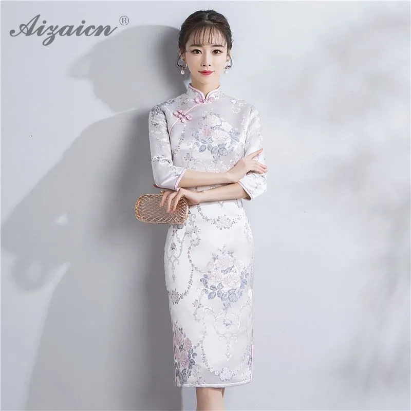 Весеннее жаккардовое плетение гобелен Атлас Qipao вышивка длинное китайское