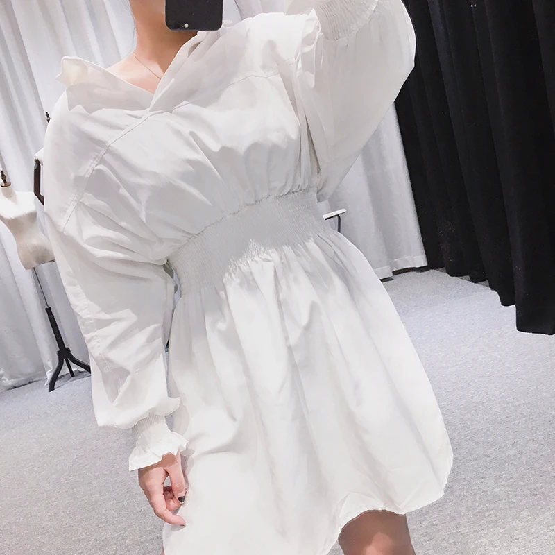 DEAT 2020 new turn-down collar full sleeves high waist A-line knee-length dress puff korean girl's clothing female WD69800 | Женская