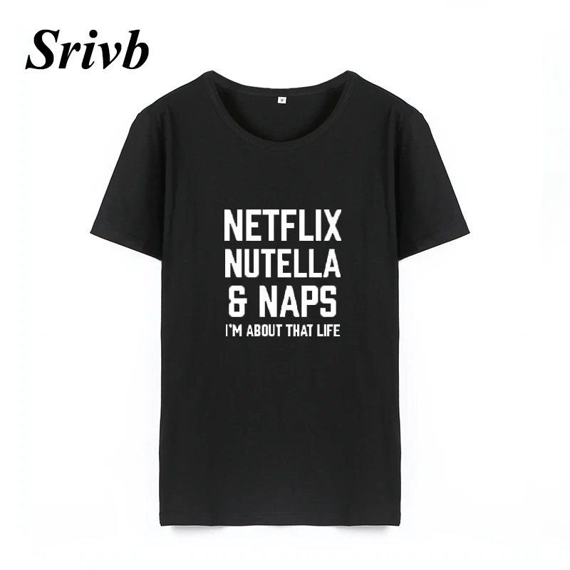 Женская хлопковая футболка с коротким рукавом Srivb Netflix Nutella Naps Vegan черный и белый