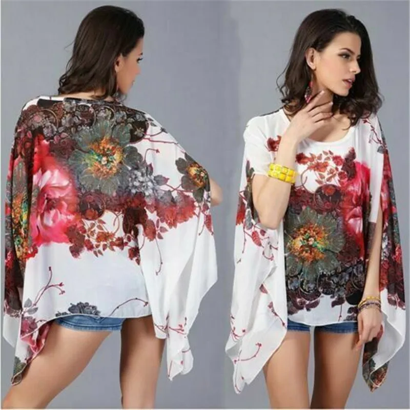 Женские Цветочные Летние Топы Boho свободные шифоновые рубашки с длинным рукавом