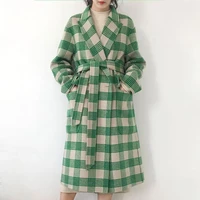 2019 hot sale wool blend coat high quality winter jacket women slim woolen long cashmere coats jackets elegant green tartan hj43