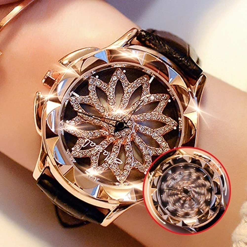 

Роскошные женские наручные часы Стразы в форме цветка с кожаным ремешком, кварцевые часы с кожаным ремешком, женские часы