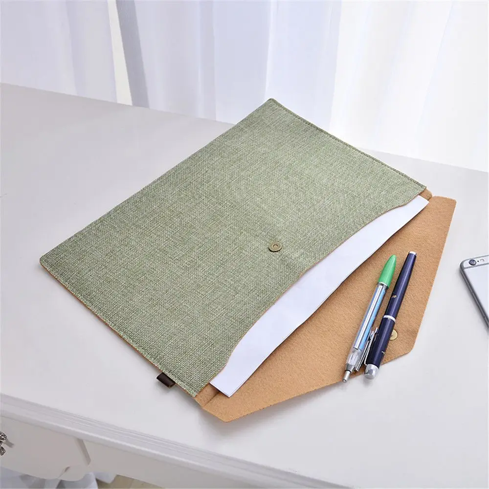 

1pc Imitation Linen Canvas File Bag Button Closure Folder Bag Office Document Folder Large Capacity Storage Office Supplies