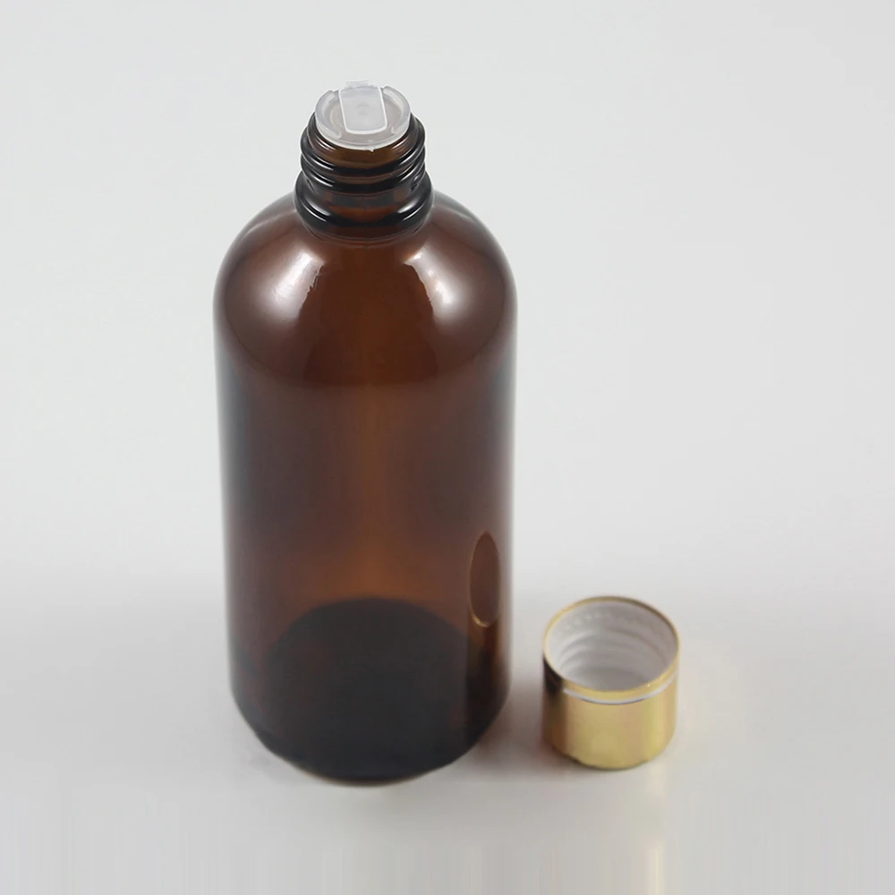 Luxury amber glass dropper bottle filling machine, gold aluminum screw cap for glass foundation packaging