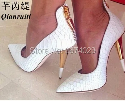

Qianruiti White Embossed Leather Pumps Pointed Toe High Heels Women Spike Heels Slip On Stilettos Wedding Party Shoes Women