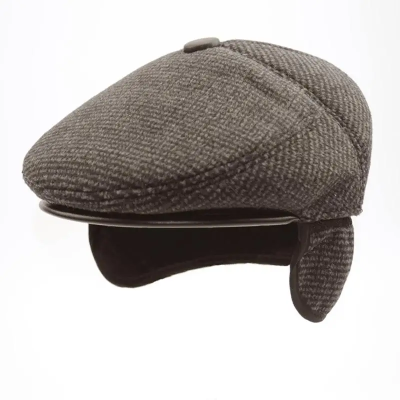 Winter Wool Male Beret Cap Hats With Earflaps Men Vintage Newsboy Tweed Flat Dad Warm Russia Snow Plaid Peaked Boina | Аксессуары для