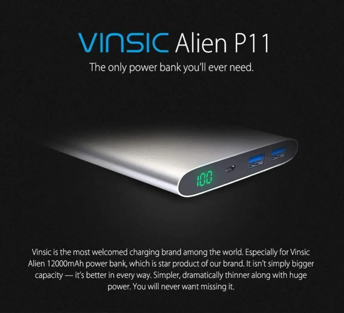 Vinsic чужой P11 Ultra Slim 12000 мАч запасные аккумуляторы для телефонов 5 в 2.4A Dual USB внешний