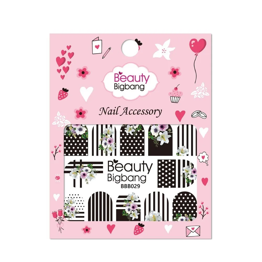 BEAUTYBIGBANG полоса точка наклейка с цветком для ногтей на воде наклейки-Слайдеры для ногтей черный и белый стиль ногтей украшения