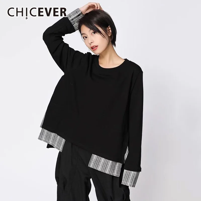 CHICEVER Лоскутные клетчатые футболки для женщин с круглым вырезом и длинным рукавом