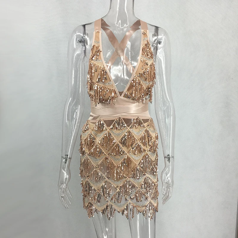 Colysmo Shiny Tassel Sequin Dress Women Sexy Deep V-neck Cross Lace Up Backless Short Exquisite Christmas Party Dresses | Женская одежда