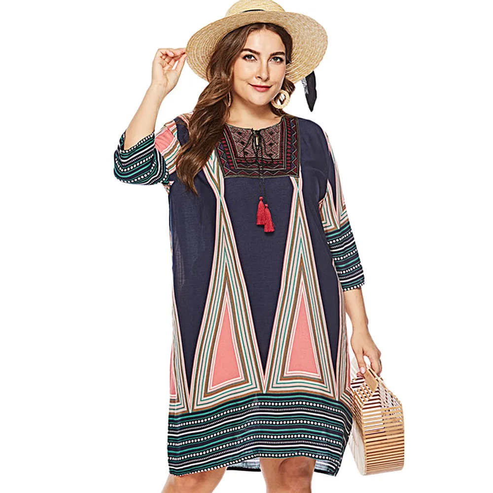 2018 Plus Size New Fashion Women Dresses Geometric Pattern Tied Fringe Shift Dress | Женская одежда