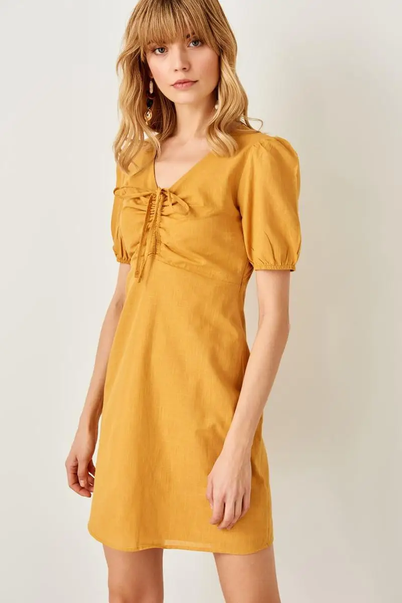 Trendyol горчичное гофрированное платье TWOSS19AP0174|Женские платья| |