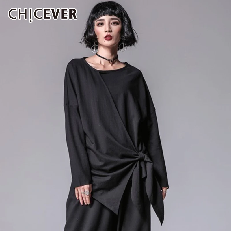 Женская Асимметричная футболка CHICEVER черная на шнуровке с длинным рукавом и