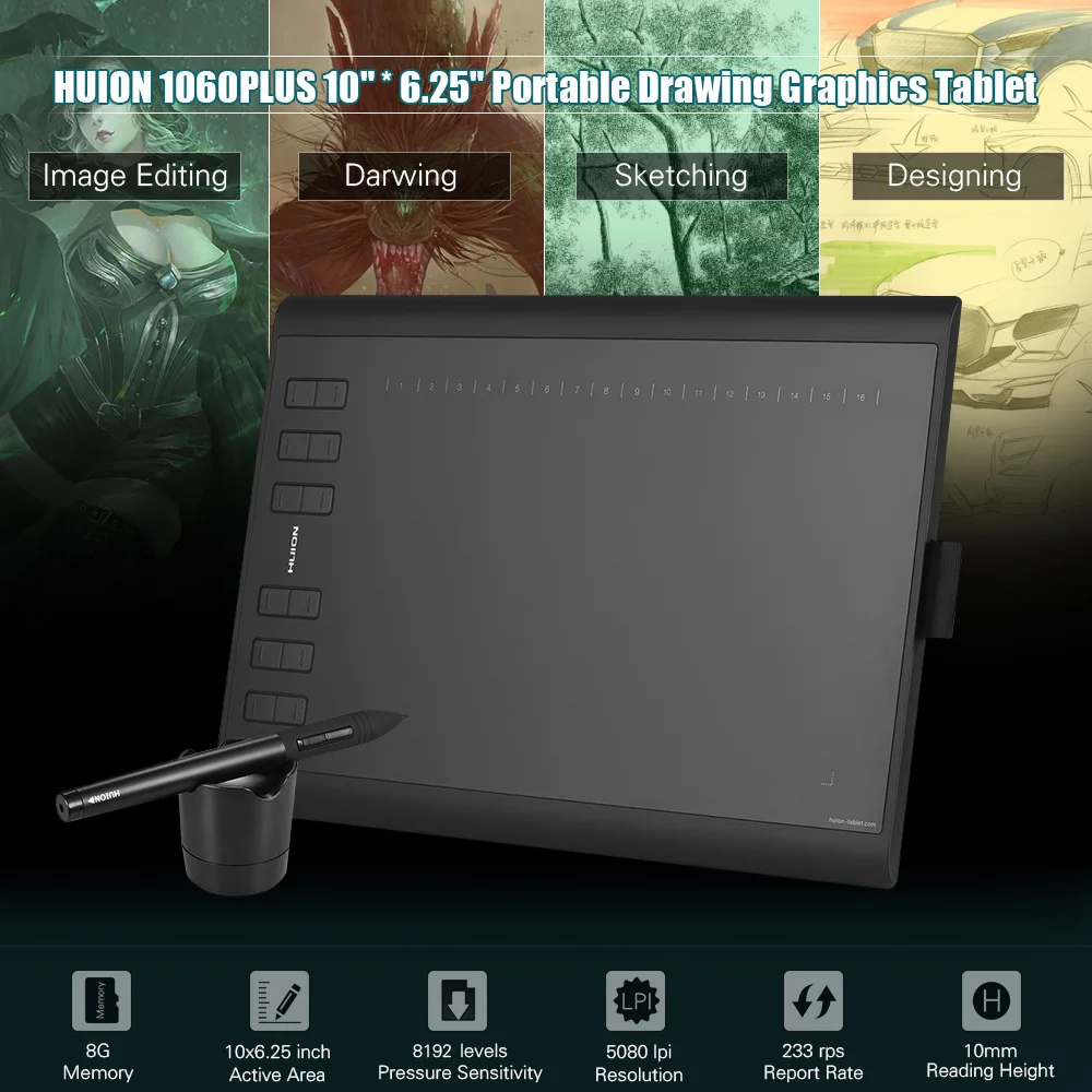 Графический планшет HUION 1060PLUS портативный для рисования 10*6 25 дюймов активная