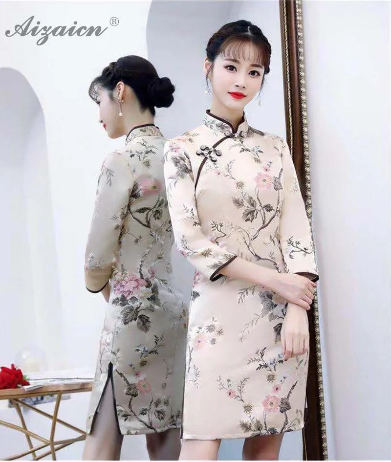Зима Cheongsam Katoen девушка с длинным рукавом в китайском стиле Стиль платье Ципао из