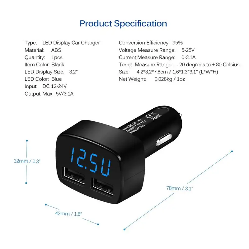 4 в 1 Автомобильное зарядное устройство с двумя USB-портами и ЖК-дисплеем |
