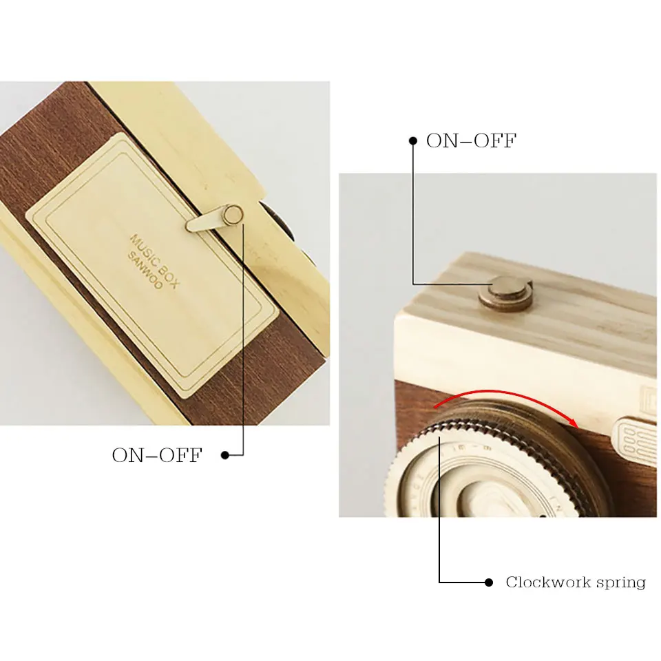 Engraved Wooden Music Box Musical Boxes Classic Camera Shape Clockwork Mechanism Sankyo Christmas Ornaments Gift | Дом и сад