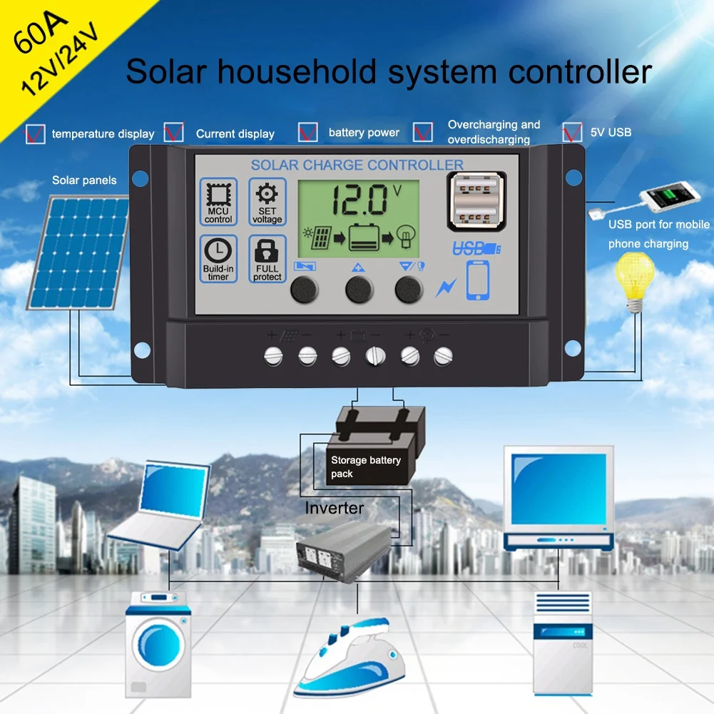 Черные 18V20W солнечные панели + 40/50/60A 12 V/24 V Солнечный контроллер с интерфейсом Usb
