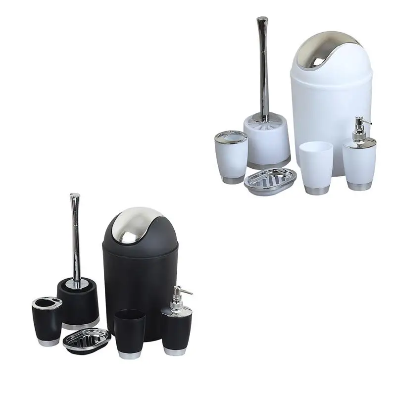 

6 IN 1 Plastic Bathroom Set with Toothbrush Holder Rinse Cup Soap Dish Hand Sanitizer Bottle Waste Bin Toilet Brush with Holder