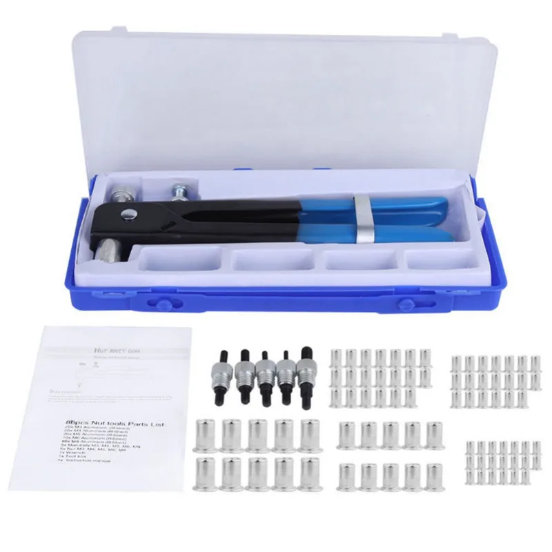 

86 шт. ручные клепальные гайки с заклепками, набор M3-M8, ручная Резьбовая гайка Rive, набор инструментов, гайки из нержавеющей стали, метрическая ...