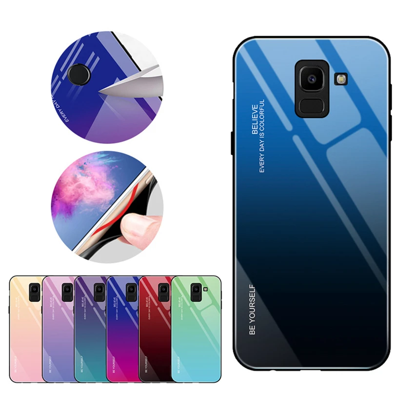 Tempered Glass Hard Phone Case For Samsung Galaxy J4 J6 Plus J8 2018 Gradient TPU Cover Glossy | Мобильные телефоны и