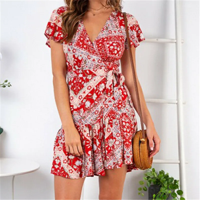 Женское шифоновое платье с v образным вырезом и коротким рукавом летнее пляжное