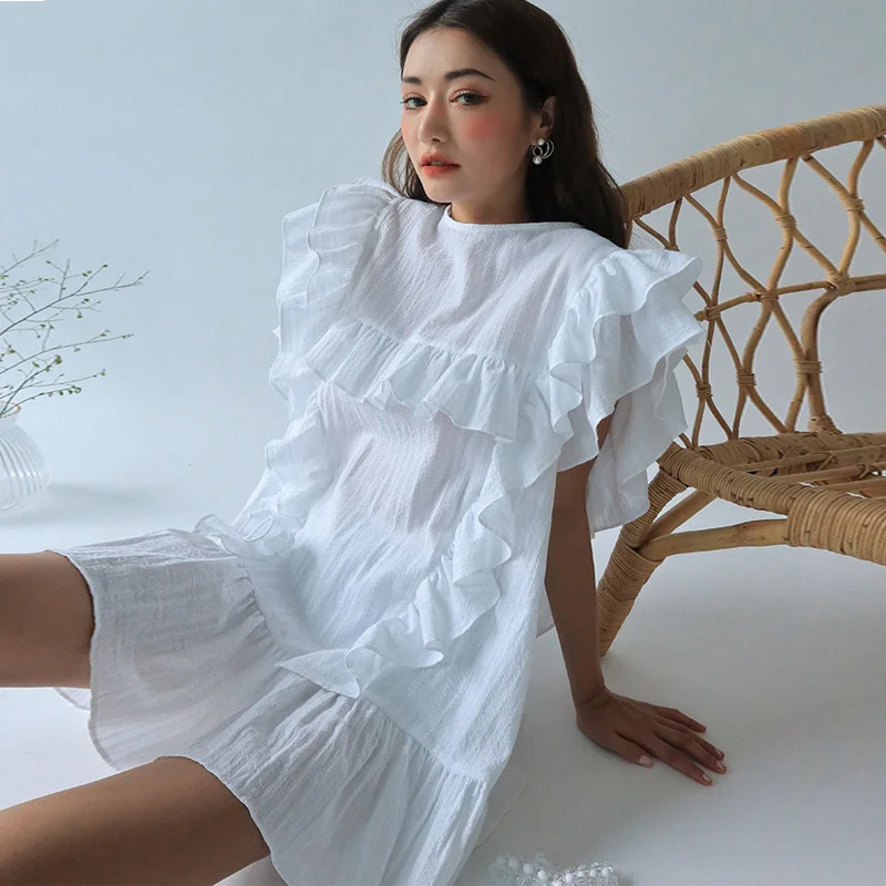 Женское платье с круглым вырезом [EWQ] повседневное свободное однотонное оборками