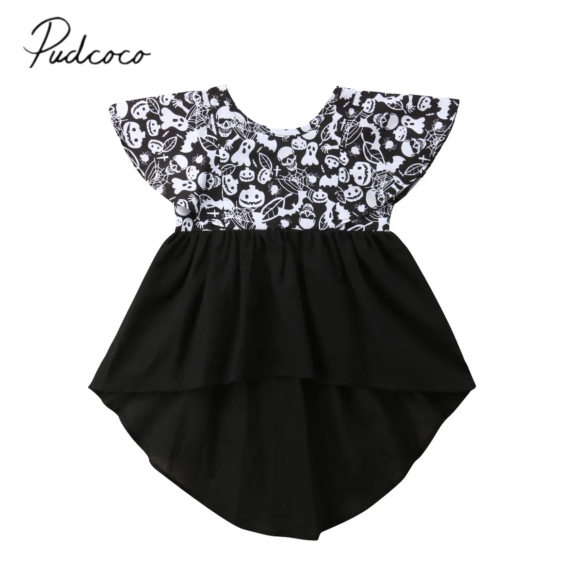 2018 Brand New Infant Toddler Kid Baby Girl Halloween Dovetail Dresses One-Piece Costumes Skull Pumpkin Ruffled Sleeveless Dress | Детская